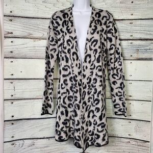 Harvé Benard Women’s Black White Leopard Print Long Cardigan Sweater Size Large